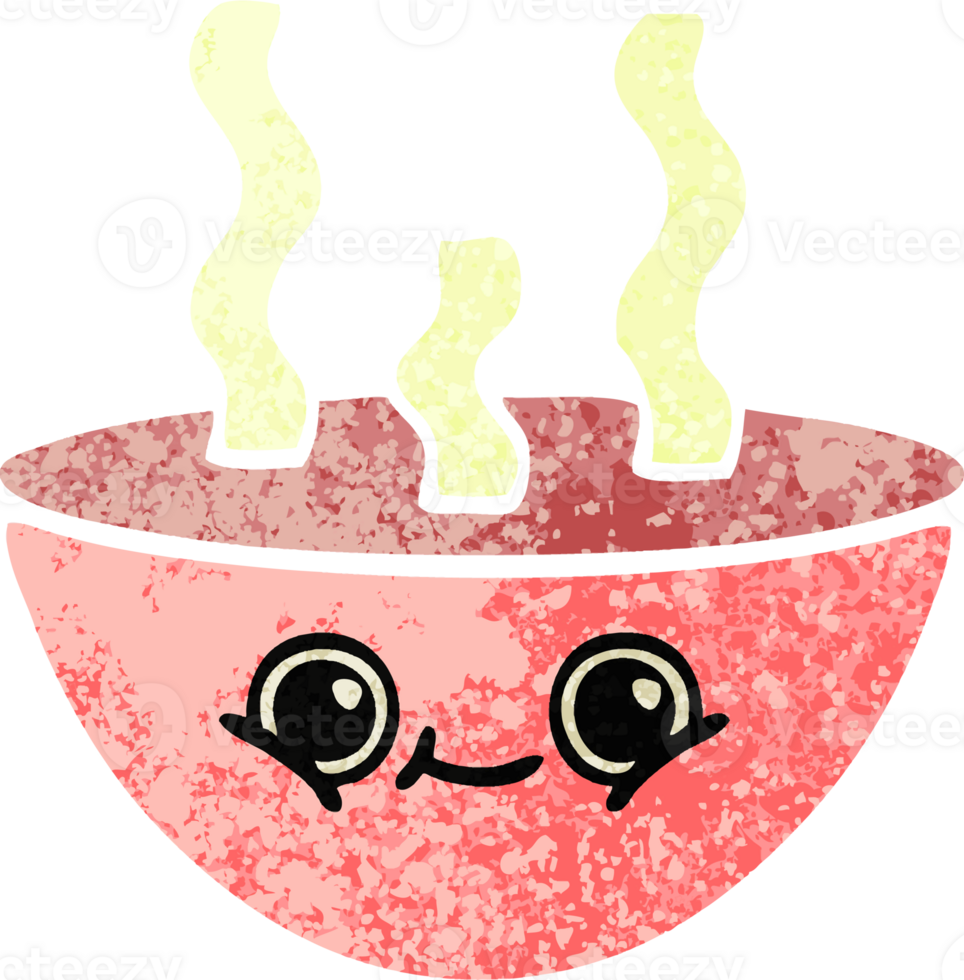 retro illustration style cartoon of a bowl of hot soup png