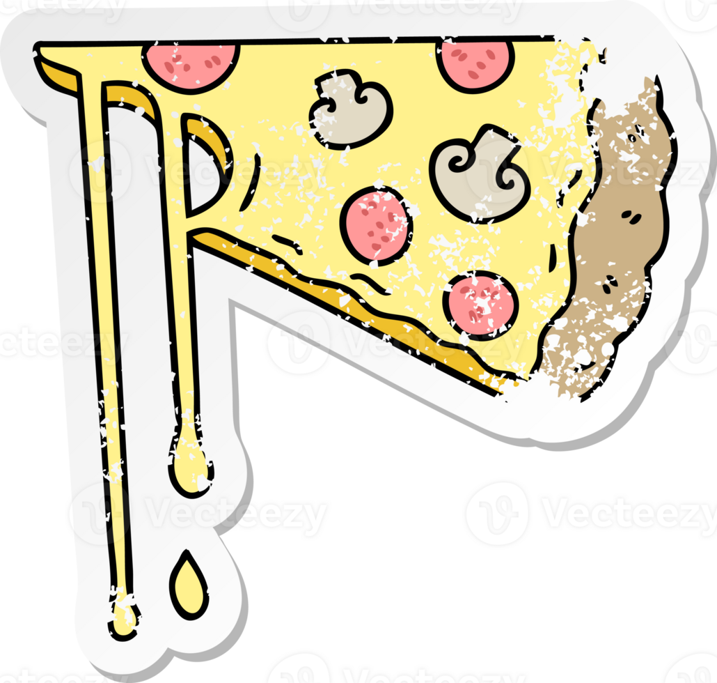distressed sticker of a quirky hand drawn cartoon cheesy pizza png