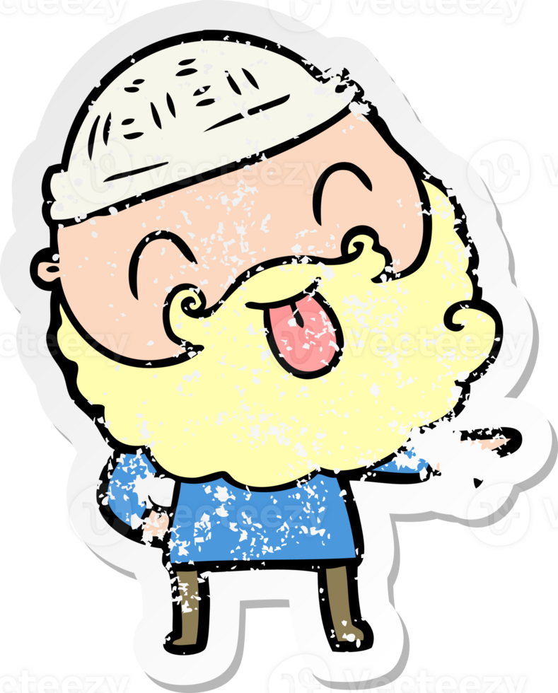 distressed sticker of a man with beard sticking out tongue png