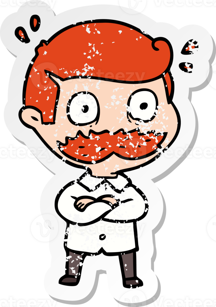 distressed sticker of a cartoon man with mustache shocked png