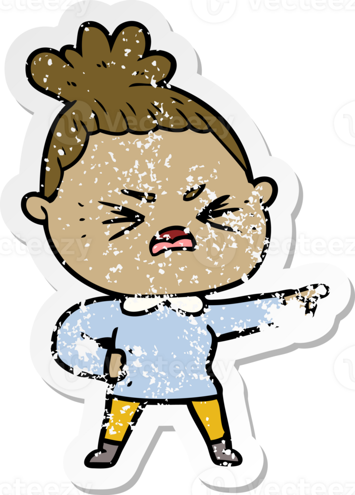 distressed sticker of a cartoon angry woman png
