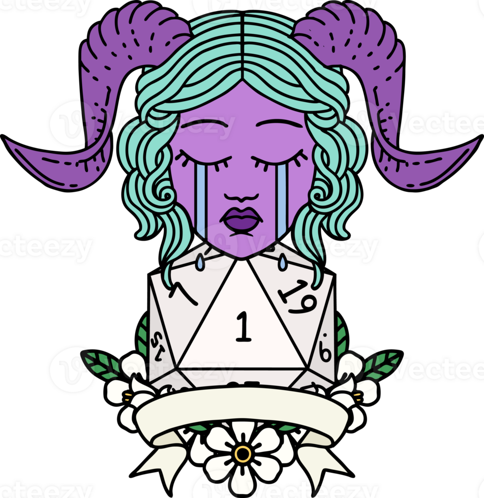 Retro Tattoo Style crying tiefling face with natural 1 D20 Dice png