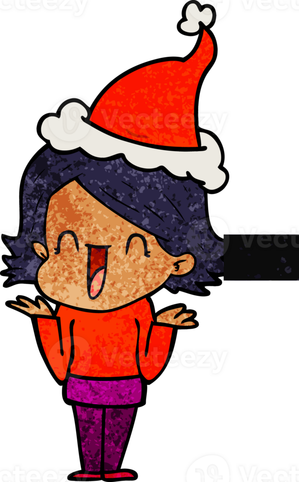 hand drawn textured cartoon of a happy woman wearing santa hat png