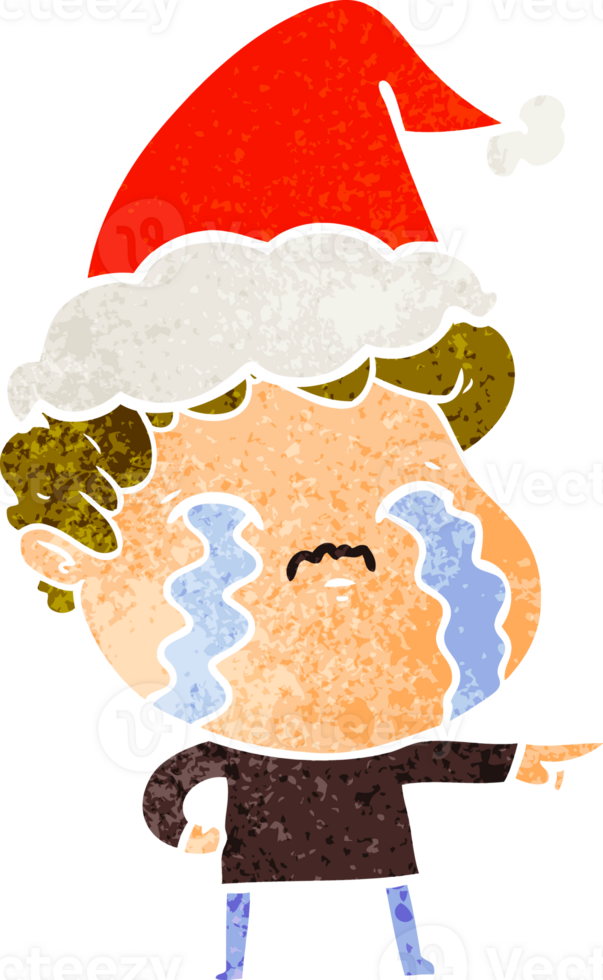 hand drawn retro cartoon of a man crying wearing santa hat png