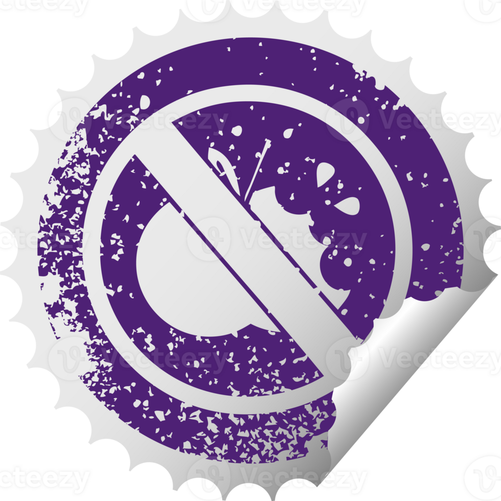 distressed circular peeling sticker symbol of a no healthy food allowed sign png