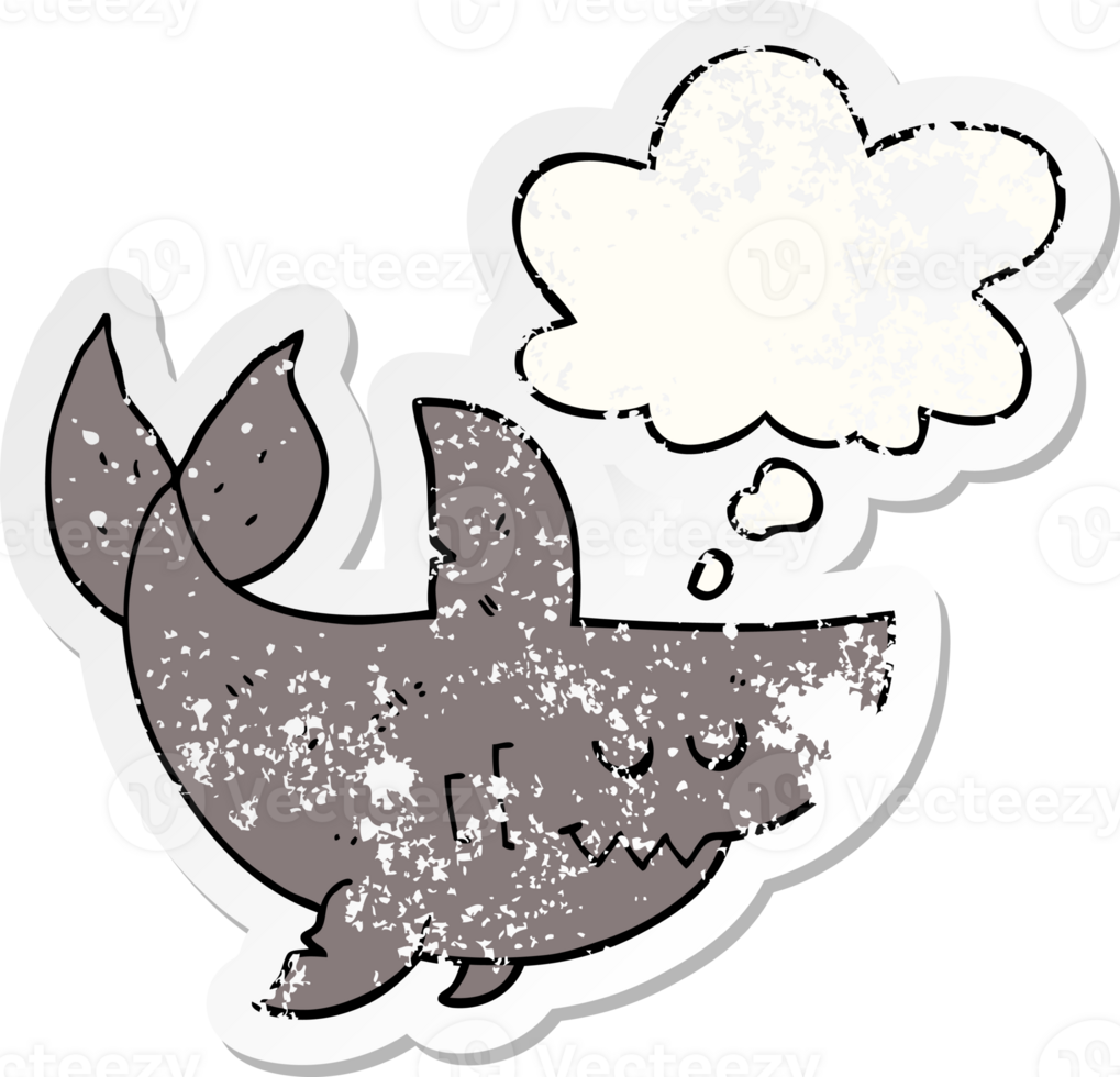 cartoon shark with thought bubble as a distressed worn sticker png