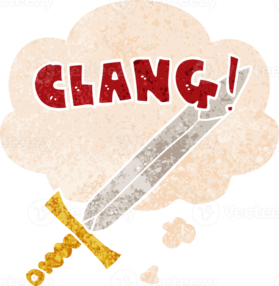 cartoon clanging sword with thought bubble in grunge distressed retro textured style png