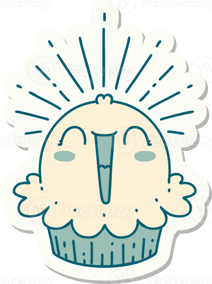 sticker of a tattoo style happy singing cupcake png