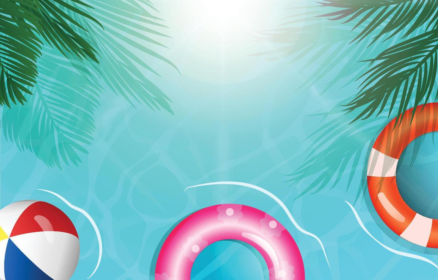 Summer background with palm leaves, lifebuoy and inflatable ring vector
