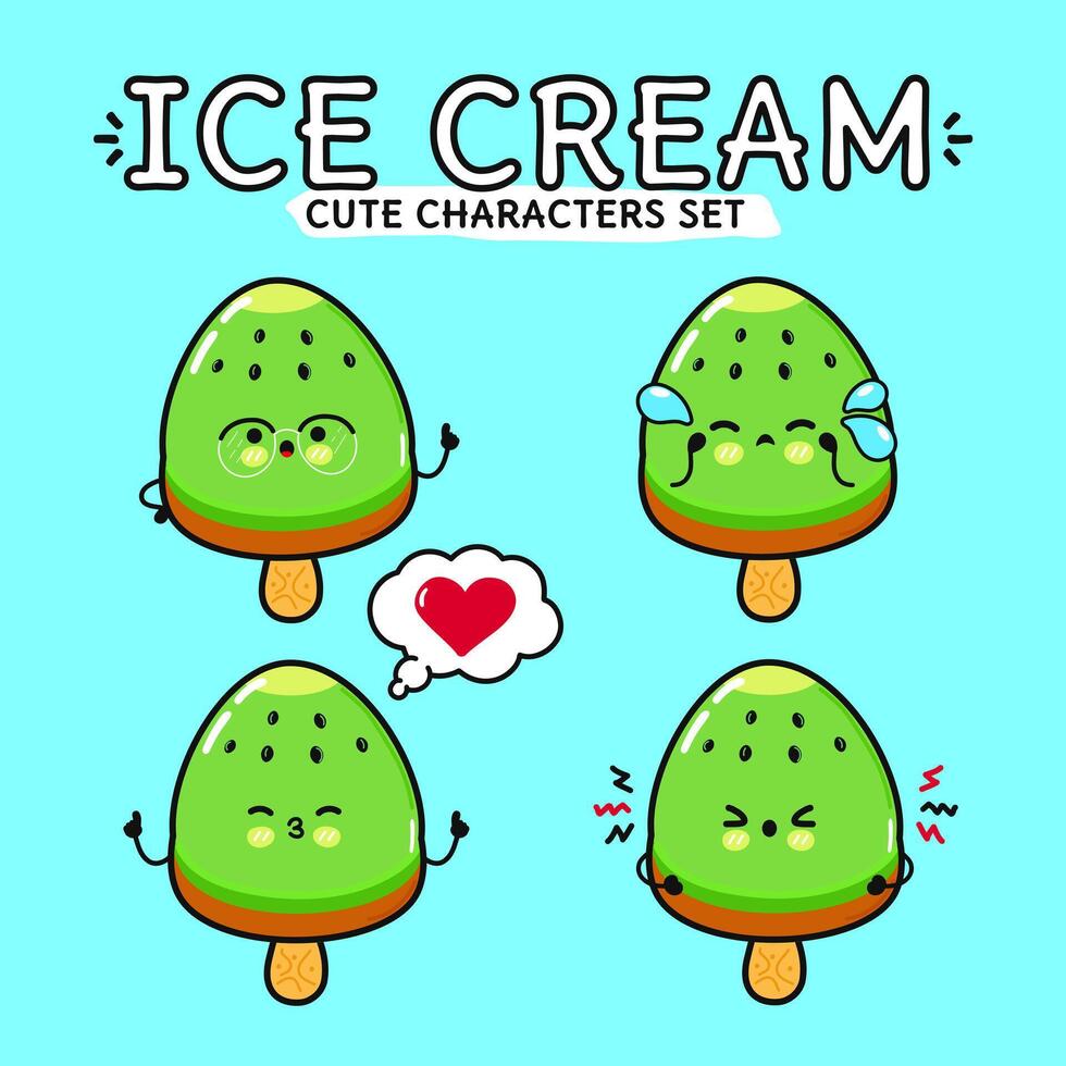 Funny cute happy Ice cream characters bundle set. hand drawn doodle style cartoon character illustration. Isolated on blue background. Ice cream sundae mascot character collection vector