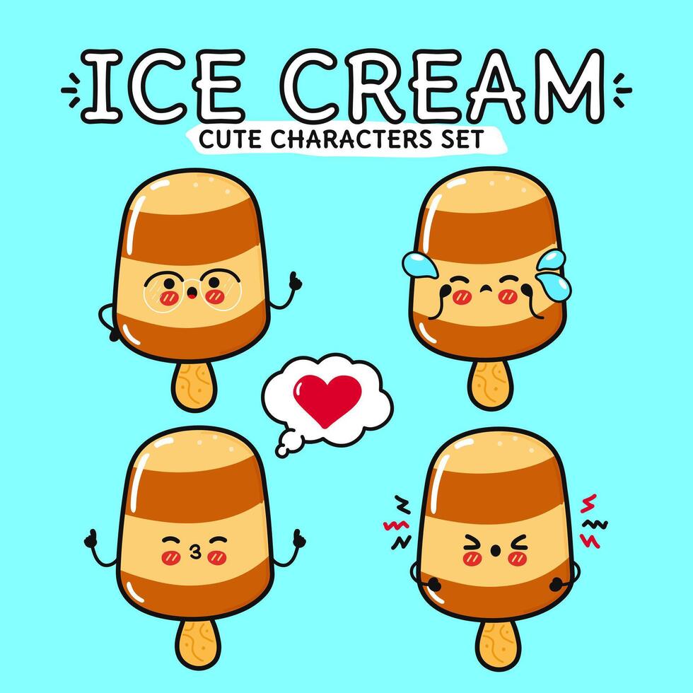 Funny cute happy Ice cream characters bundle set. Hand drawn doodle style cartoon character illustration. Isolated on blue background. Ice cream sundae mascot character collection vector