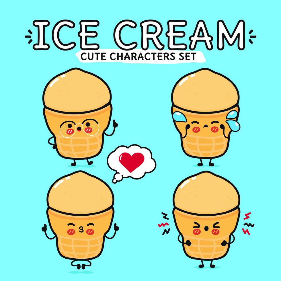 Funny cute happy Ice cream characters bundle set. Hand drawn doodle style cartoon character illustration. Isolated on blue background. Ice cream sundae mascot character collection vector