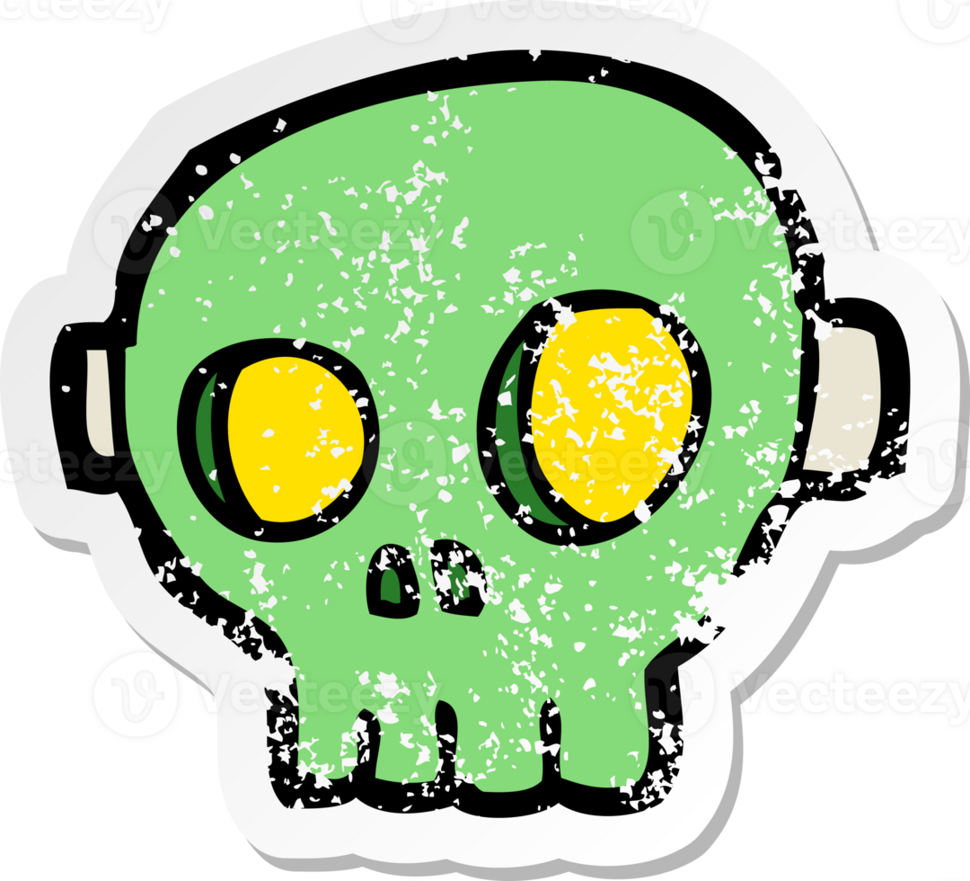 retro distressed sticker of a cartoon spooky skull mask png