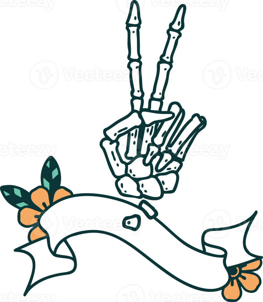 traditional tattoo with banner of a skeleton giving a peace sign png