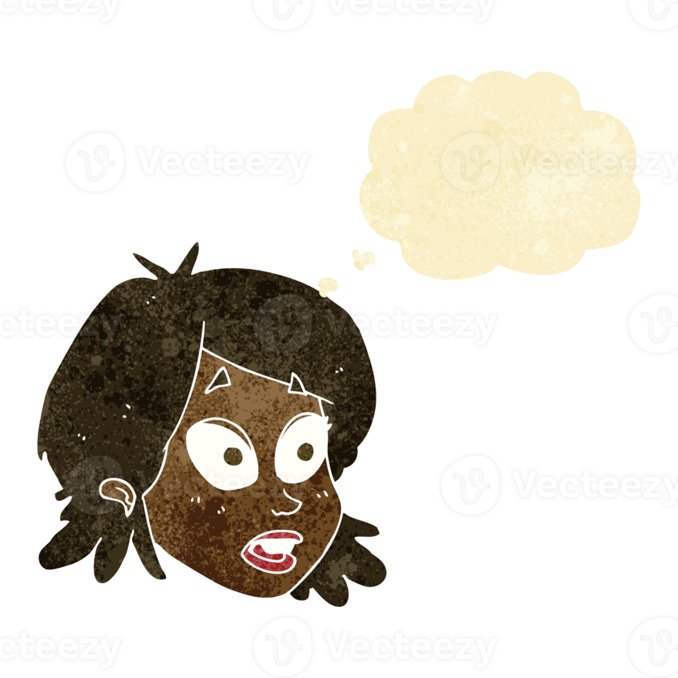 cartoon female face with surprised expression with thought bubble png