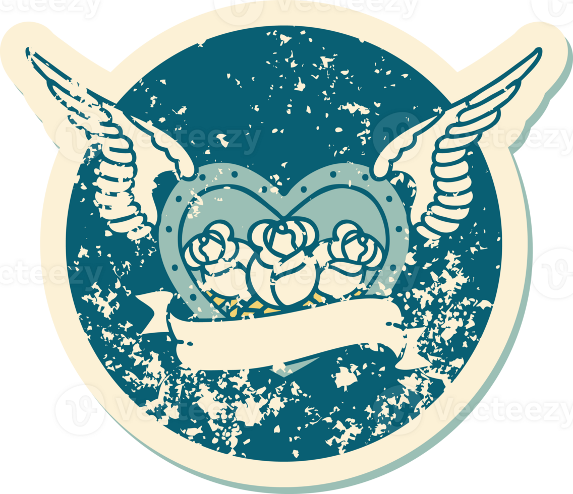 iconic distressed sticker tattoo style image of a flying heart with flowers and banner png