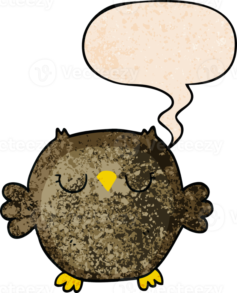 cartoon owl with speech bubble in retro texture style png