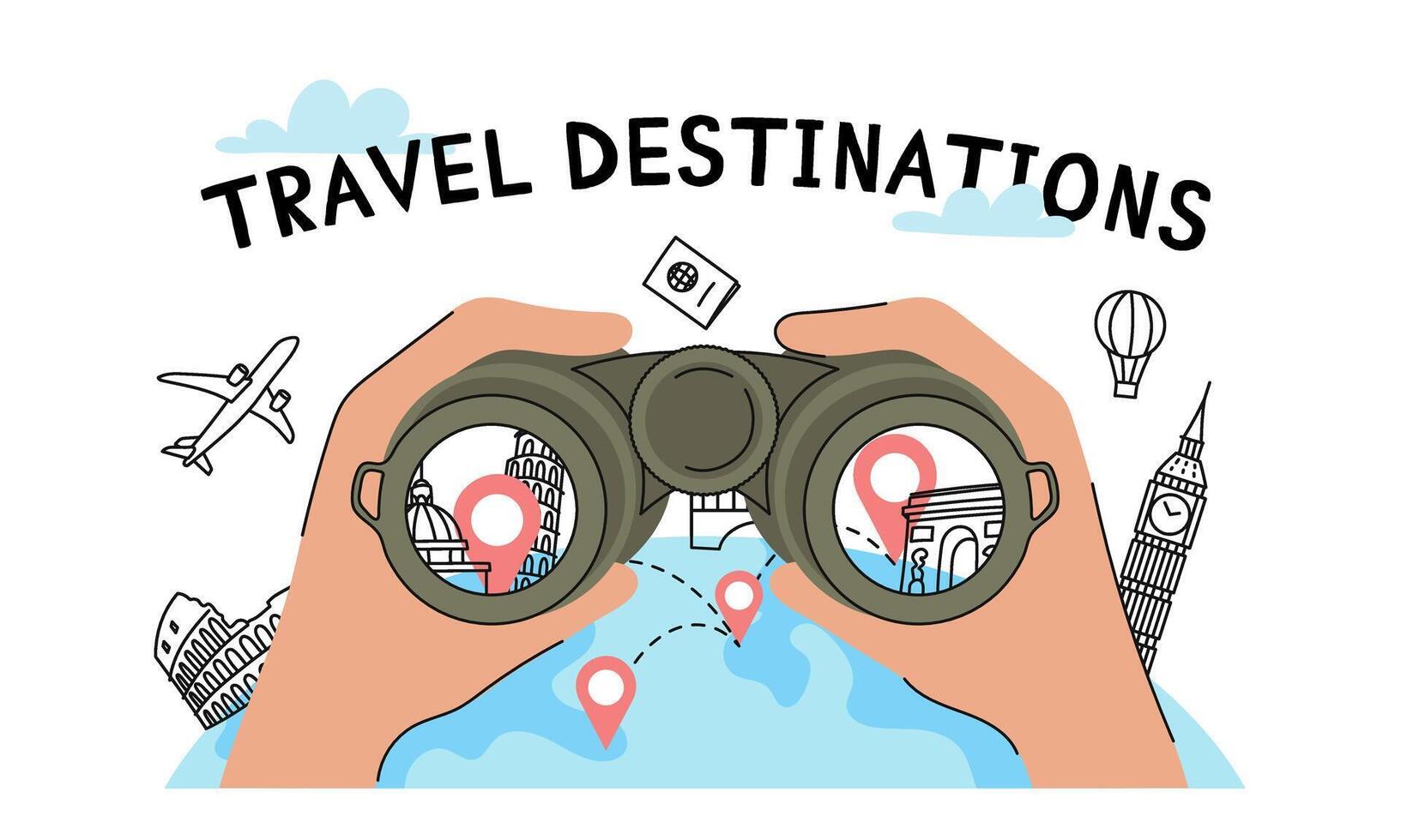Travel Destinations. A view through binoculars of various sights and travel destination options. banner, doodle illustration vector