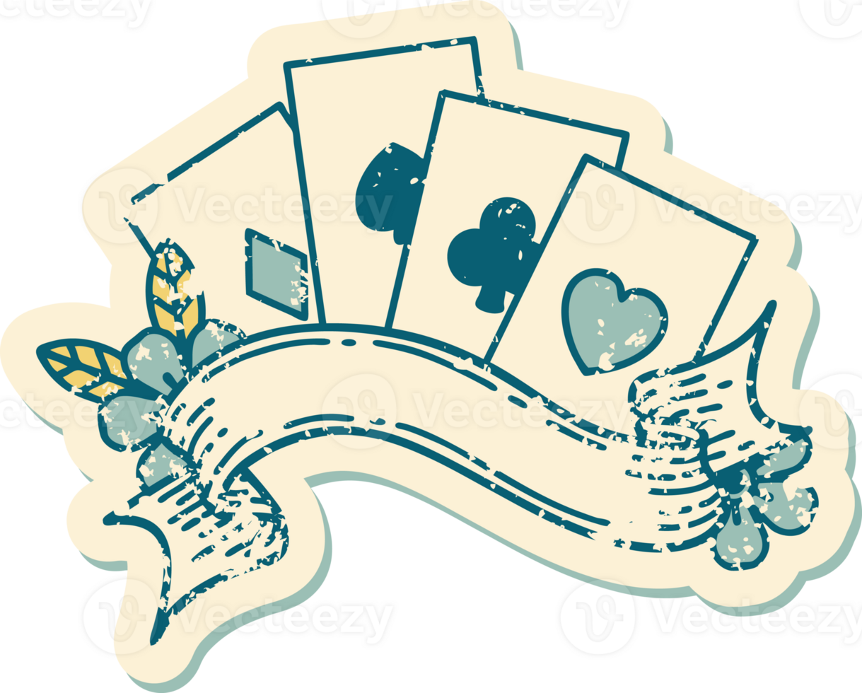 iconic distressed sticker tattoo style image of cards and banner png