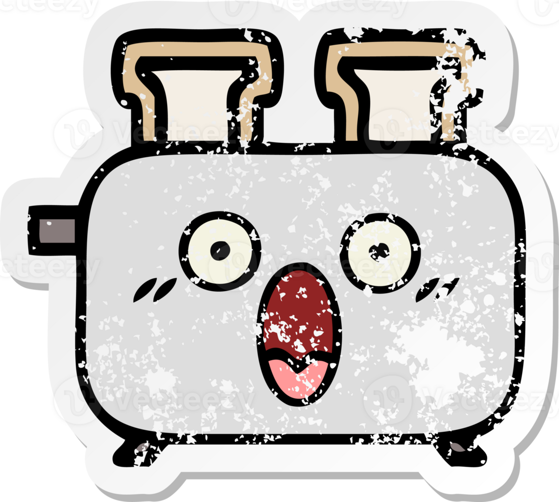 distressed sticker of a cute cartoon of a toaster png