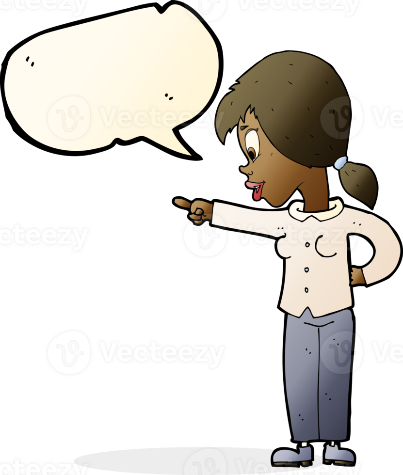 cartoon enthusiastic woman pointing with speech bubble png