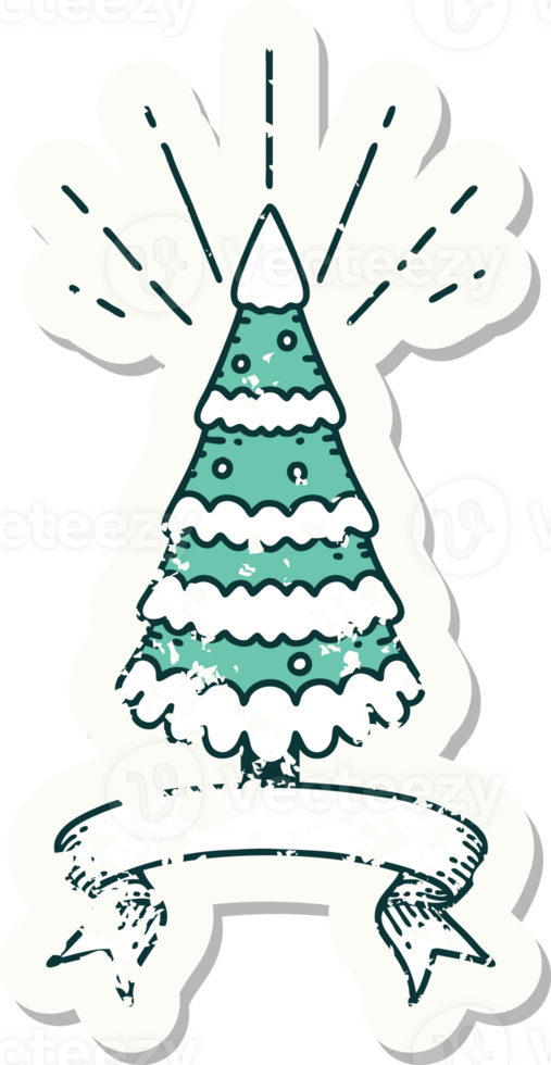 worn old sticker of a tattoo style snow covered pine tree png