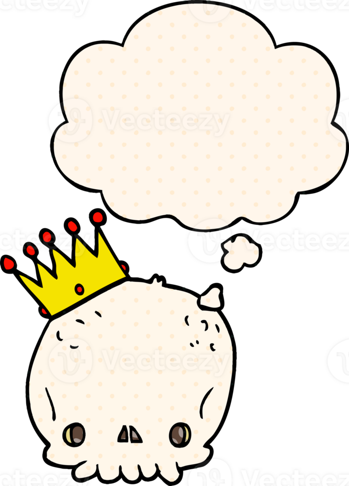 cartoon skull with crown with thought bubble in comic book style png