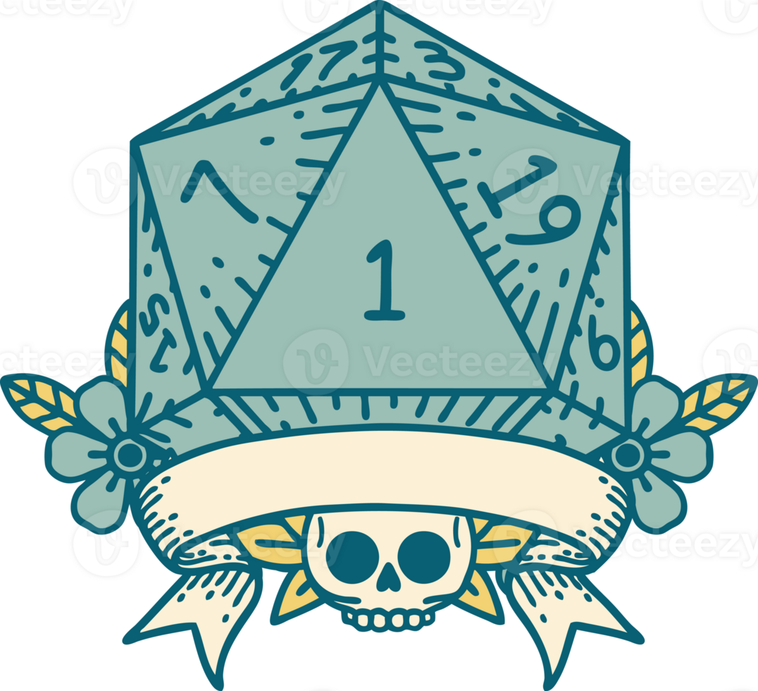 Retro Tattoo Style natural one d20 dice roll png