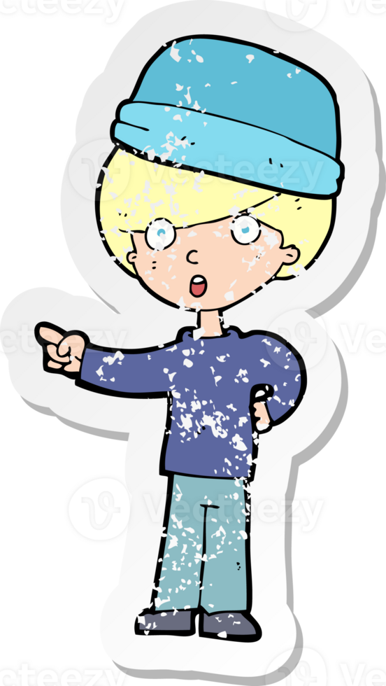 retro distressed sticker of a cartoon pointing man png