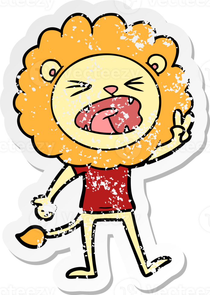 distressed sticker of a cartoon lion giving peac sign png
