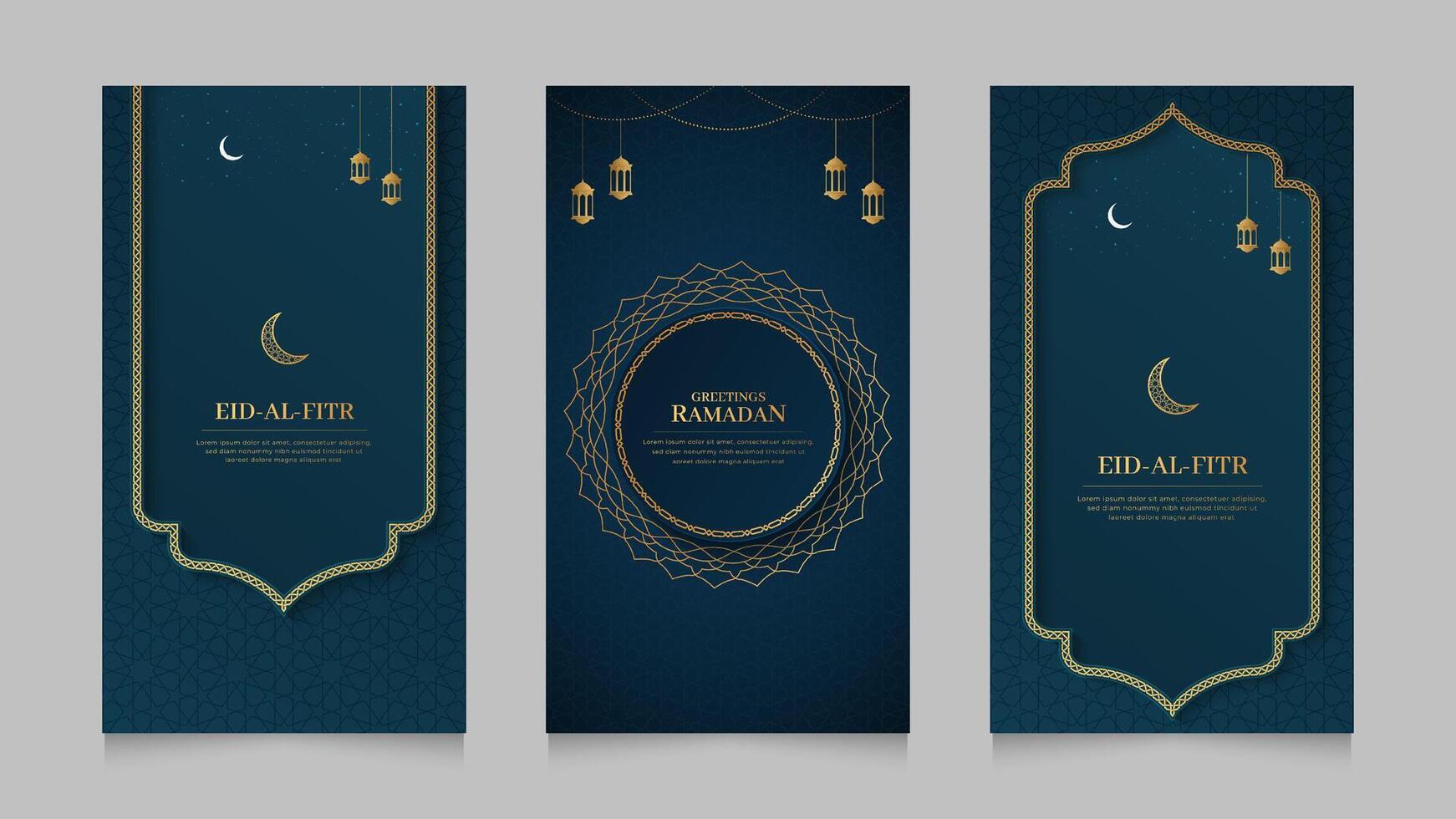 Eid Mubarak and Ramadan Islamic Realistic Social Media Stories Collection Template with Islamic Pattern Brush Borders vector