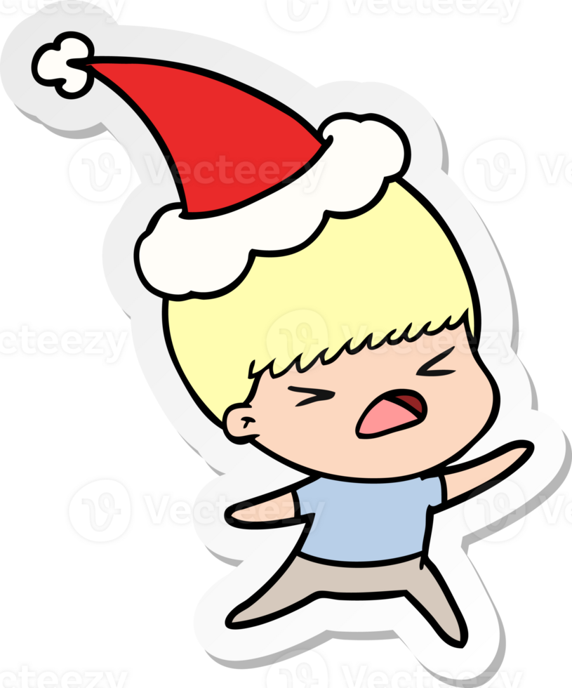 hand drawn sticker cartoon of a stressed man wearing santa hat png