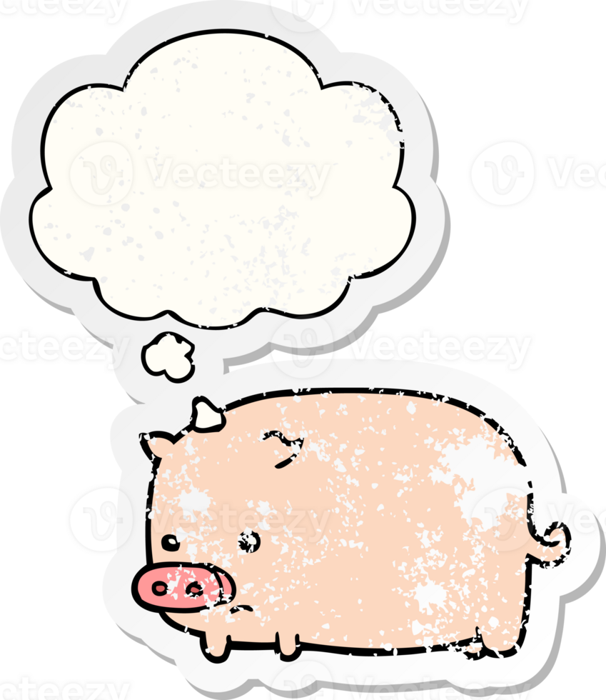 cute cartoon pig with thought bubble as a distressed worn sticker png