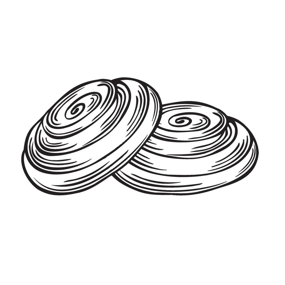 Cinnamon roll buns. illustration isolated, linear. Bakery goods french. Hand drawn sketch traditional bread symbol. Template nutrition product for menu, showcase, wrapping, label, coffee shop. vector