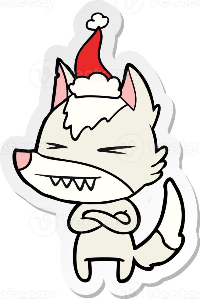 angry wolf hand drawn sticker cartoon of a wearing santa hat png