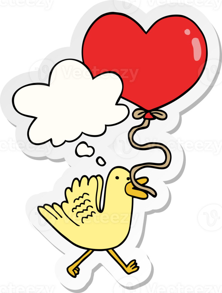 cartoon bird with heart balloon with thought bubble as a printed sticker png