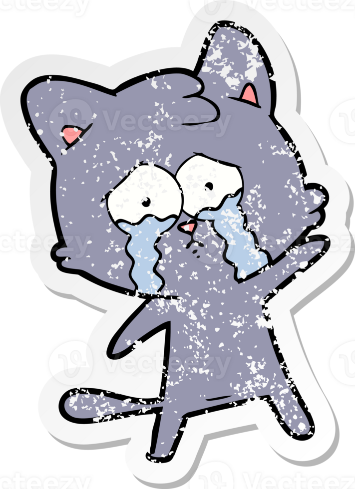distressed sticker of a crying cartoon cat png