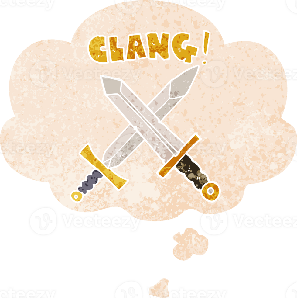 cartoon sword fight with thought bubble in grunge distressed retro textured style png