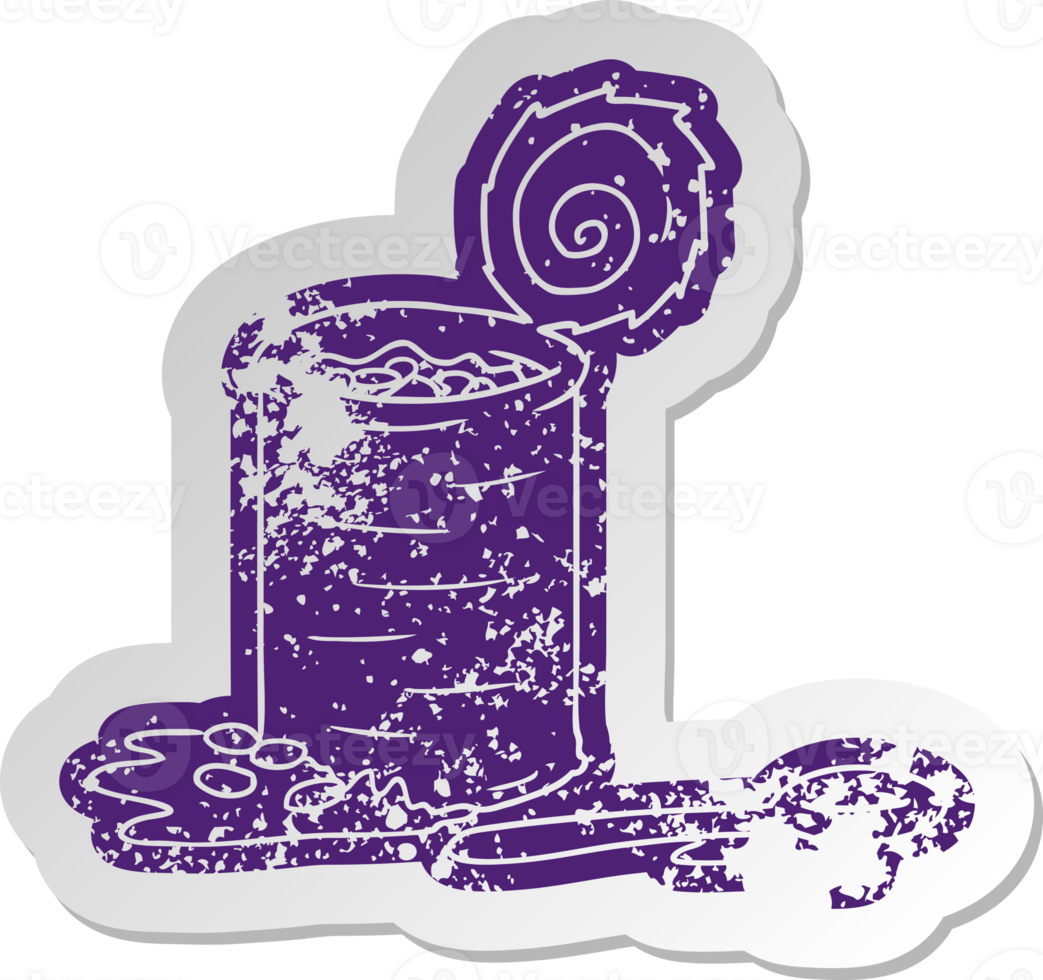 distressed old cartoon sticker of an opened can of beans png