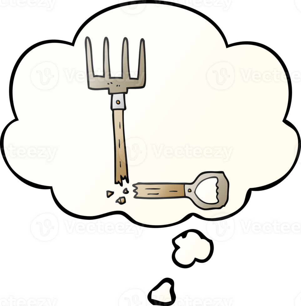 cartoon broken pitchfork with thought bubble in smooth gradient style png