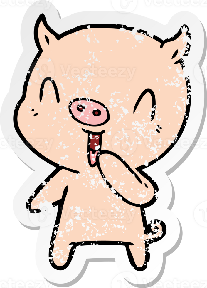 distressed sticker of a happy cartoon pig png