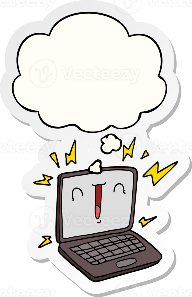 cartoon laptop computer with thought bubble as a printed sticker png