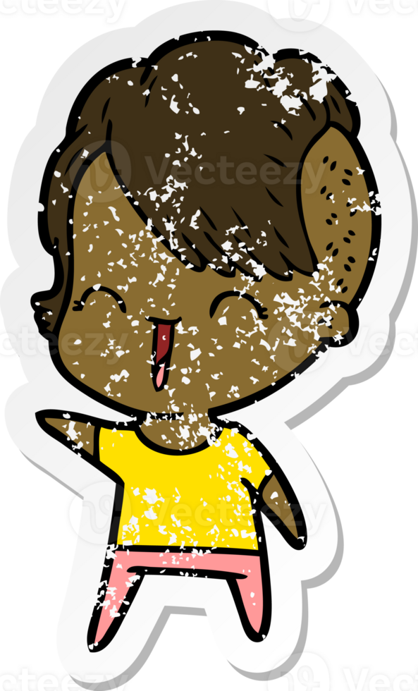 distressed sticker of a cartoon happy hipster girl png