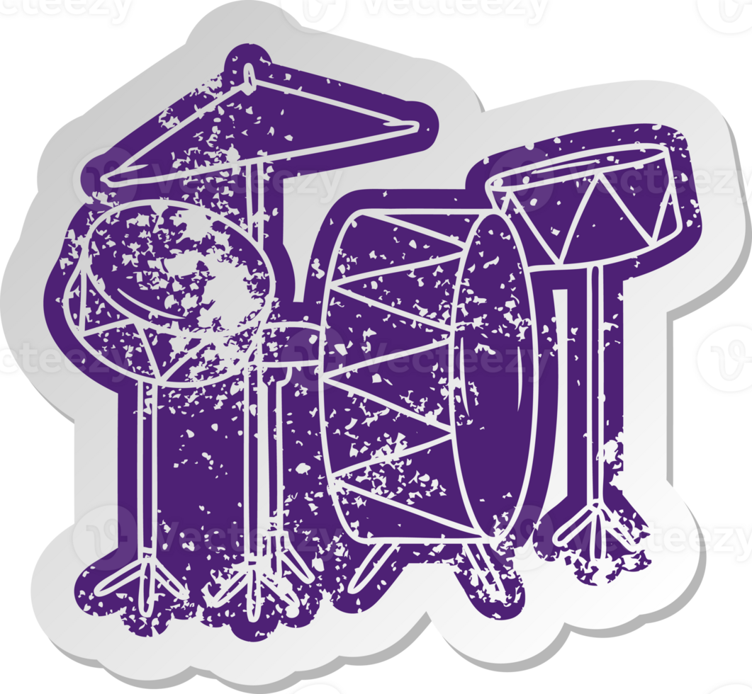 distressed old cartoon sticker of a drum kit png