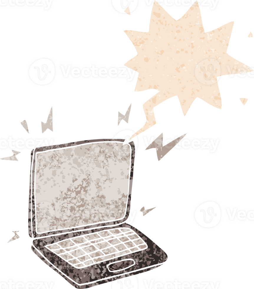 cartoon laptop computer with speech bubble in grunge distressed retro textured style png