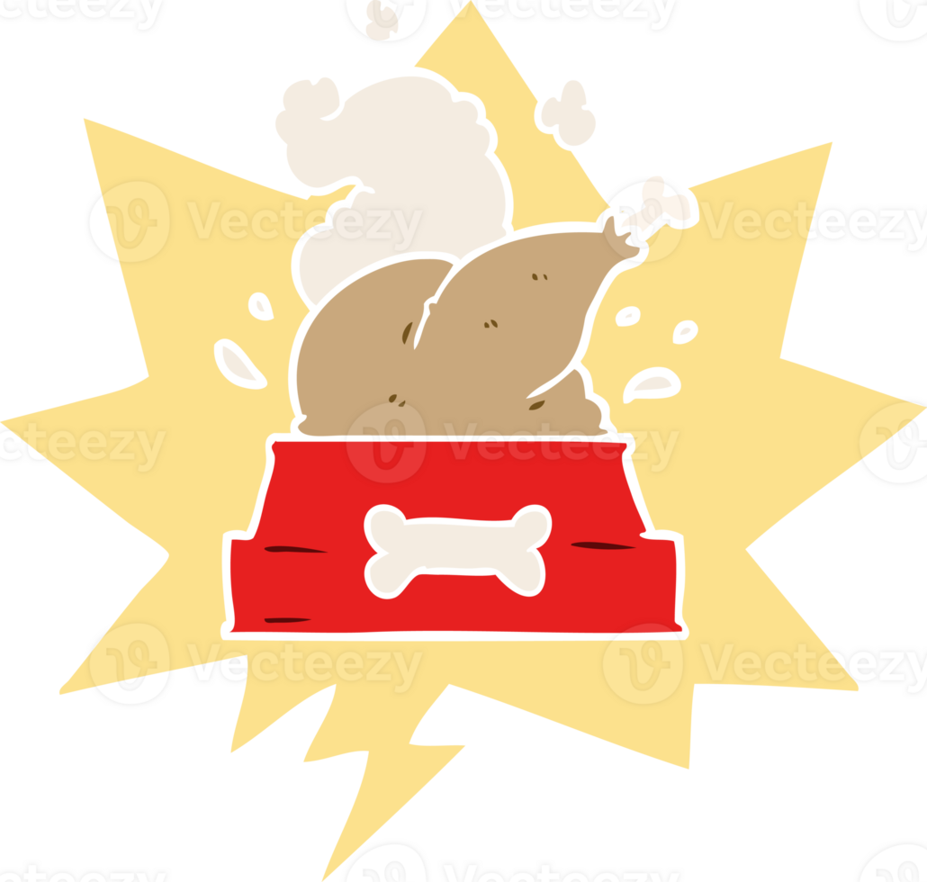 cartoon whole cooked turkey crammed into a dog bowl for a happy christmas pup with speech bubble in retro style png