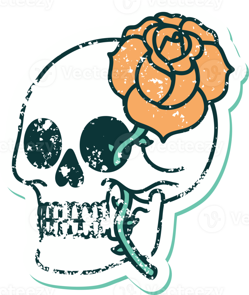 iconic distressed sticker tattoo style image of a skull and rose png
