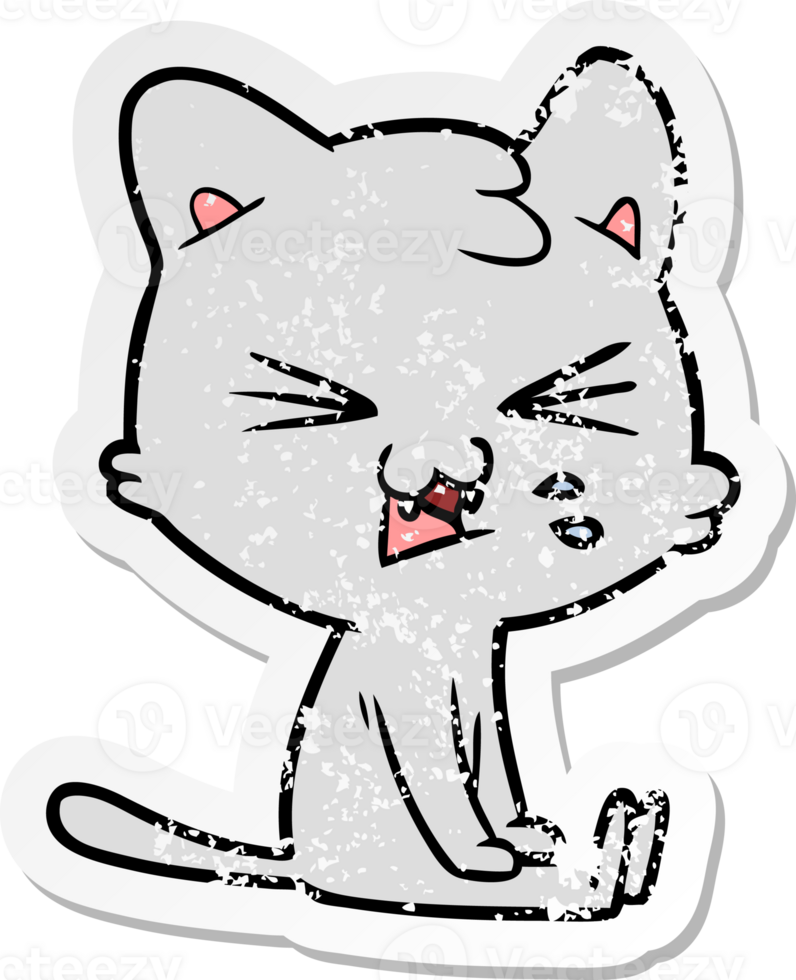 distressed sticker of a cartoon hissing cat png