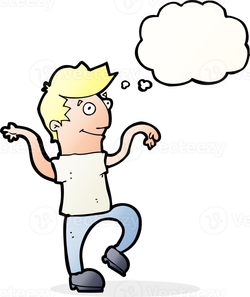 cartoon happy man doing funny dance with thought bubble png