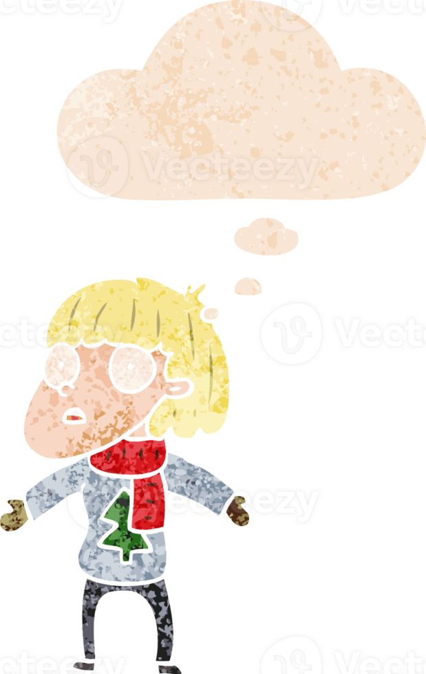 cartoon surprised christmas person with thought bubble in grunge distressed retro textured style png